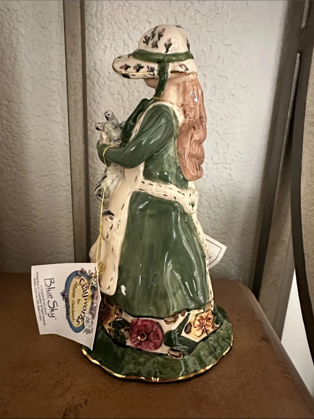 Blue Sky Green & Cream Girl Figurine Holding Cats
